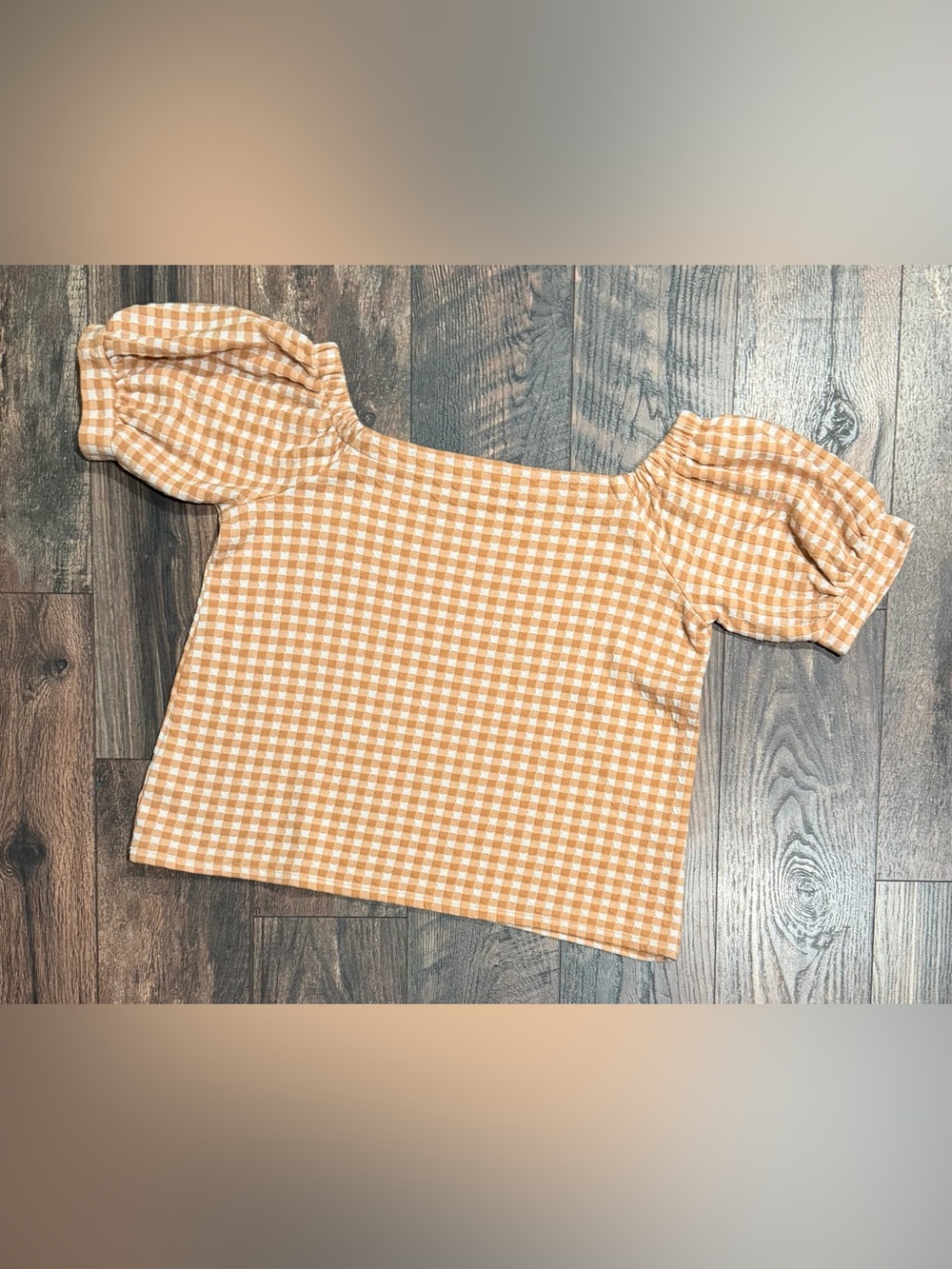 LOFT Camel Yellow Gingham Puff Sleeve Square Neck Top